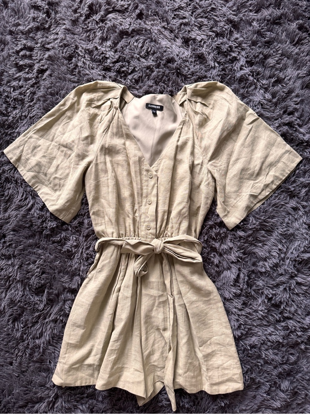 Express Short-Sleeve Button Front Tie-Waist romper